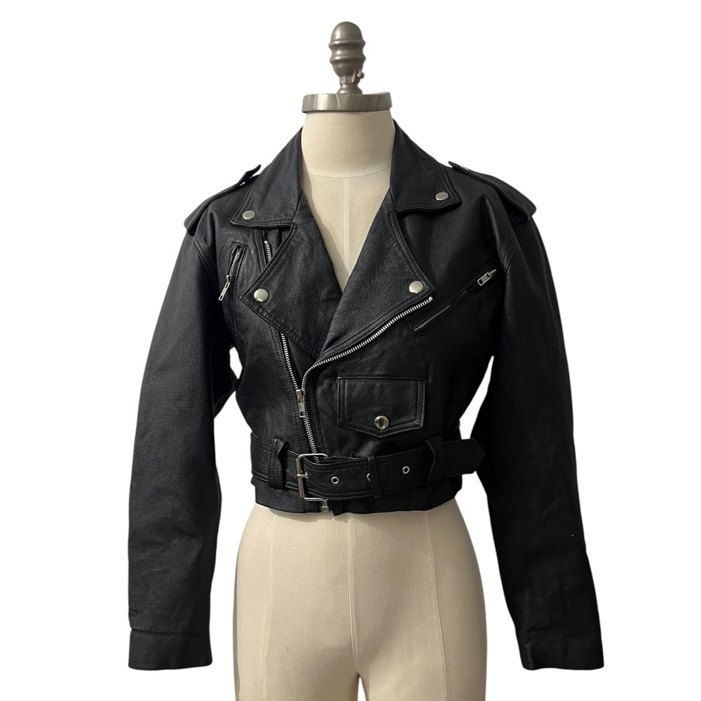 WILSONS BLACK LEATHER CROPPED MOTO JACKET BELTED XS - Picture 2 of 10